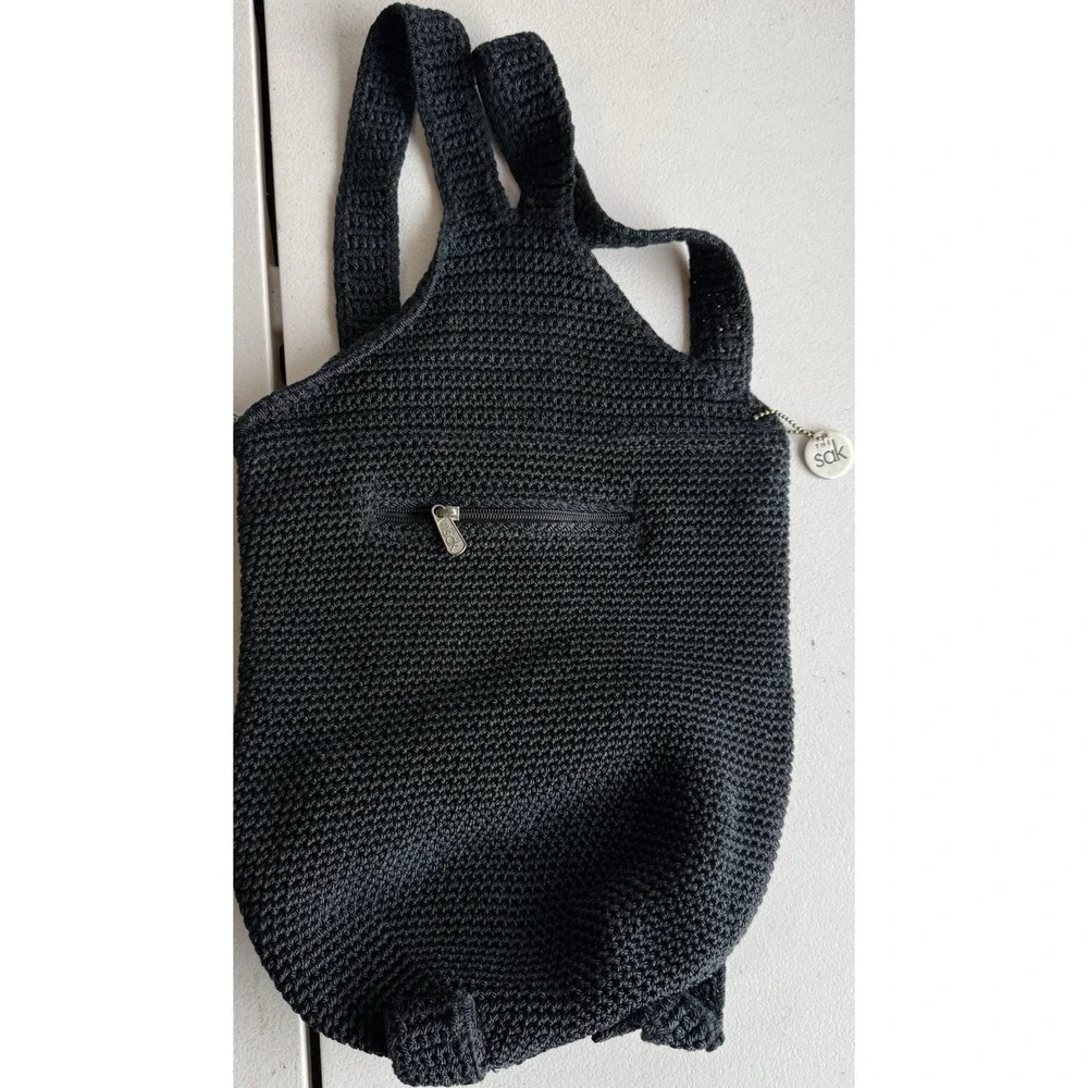 The Sak Black Crochet Knit Backpack Boho‎ Casual Zip Pocket Bag
